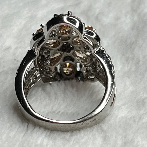 Floral Cluster Ring With Orange & Clear Gemstones In Silver Setting size 6 - Picture 6 of 8